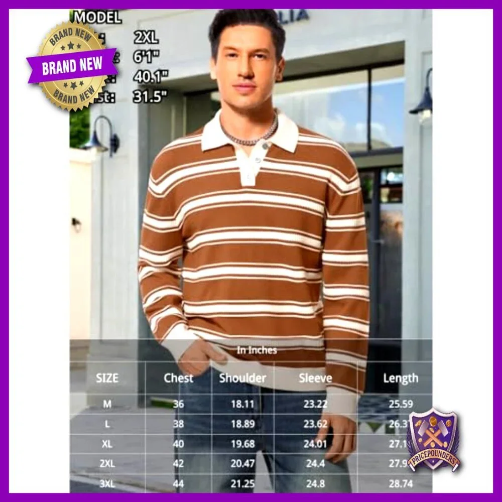 Men's Striped Long Sleeve Polo Sweater, Lightweight Knit Pullover Rugby Shirt